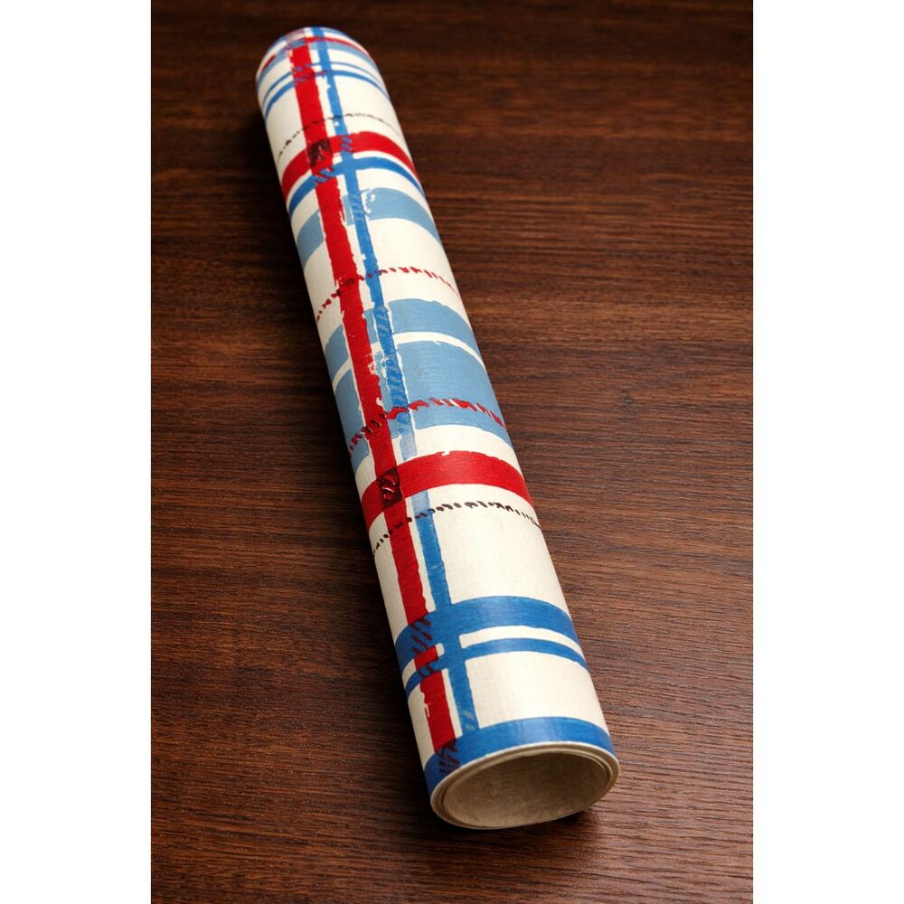 1970s Vintage Red White Blue Plaid Textured Wallpaper Retro Kitchen